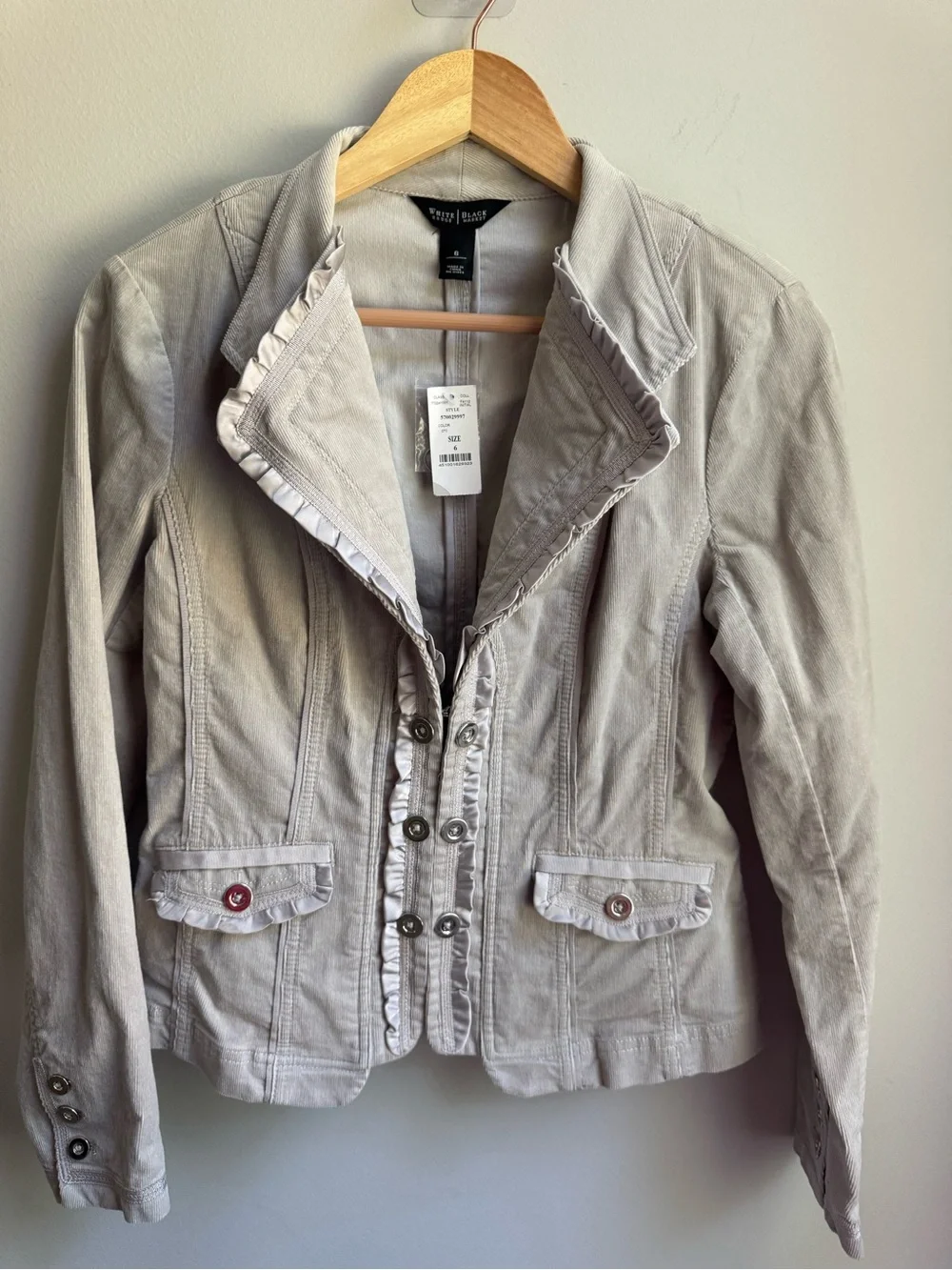 White House Black Market Light Gray Ruffle-Trim Cotton Blazer